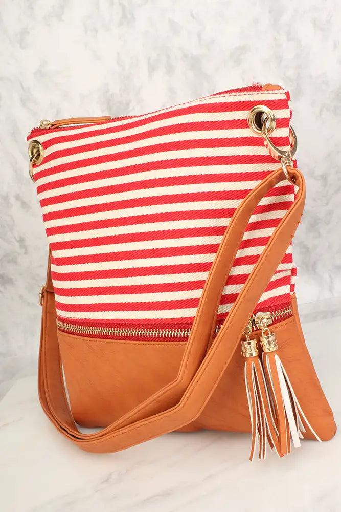 Camel Rode Gestreepte Faux Leren Schouderhandtas