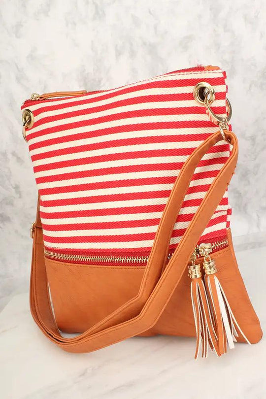 Camel Rode Gestreepte Faux Leren Schouderhandtas