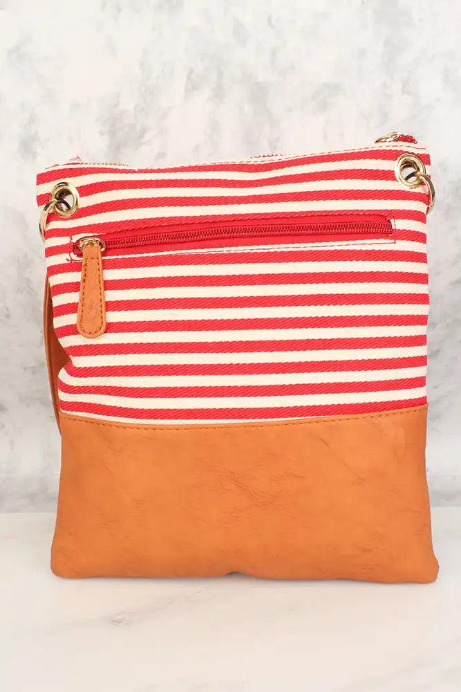 Camel Rode Gestreepte Faux Leren Schouderhandtas
