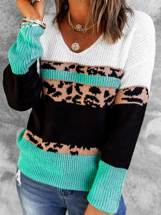 Luipaard Kleurblok V-Hals Ribbelsweater | Lange Mouwen | Casual Gezellige Trui