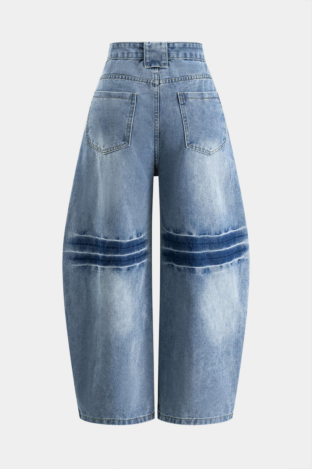 Denim Knop Pocket Curve-Leg Wide Leg Barrel Jeans