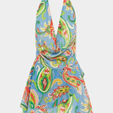 Chiffon Bohemian Print Cowl Neck Halter Rugloze Mouwloze Mini Jurk