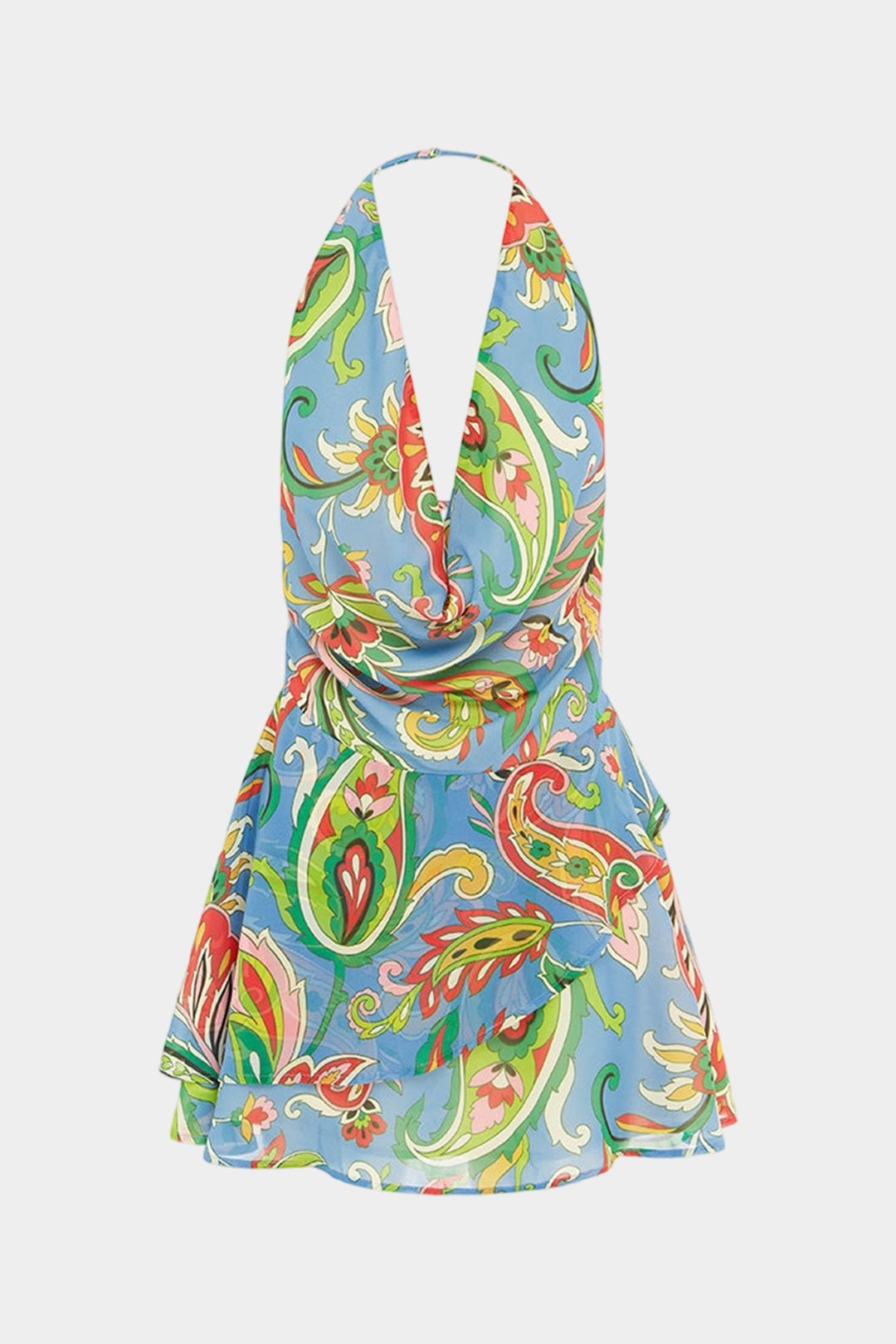 Chiffon Bohemian Print Cowl Neck Halter Rugloze Mouwloze Mini Jurk