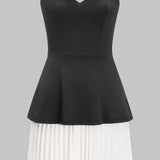 Strapless V-Hals Geplooide Patchwork Rits Mouwloze Bustier Mini Jurk