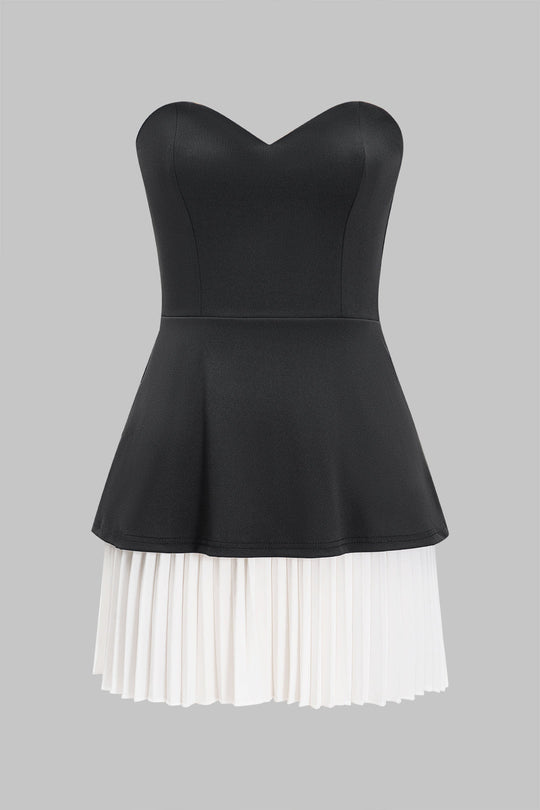 Strapless V-Hals Geplooide Patchwork Rits Mouwloze Bustier Mini Jurk