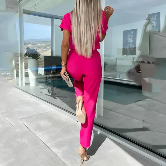 Elegante Dames Jumpsuit met Korte Mouwen en Tailleband