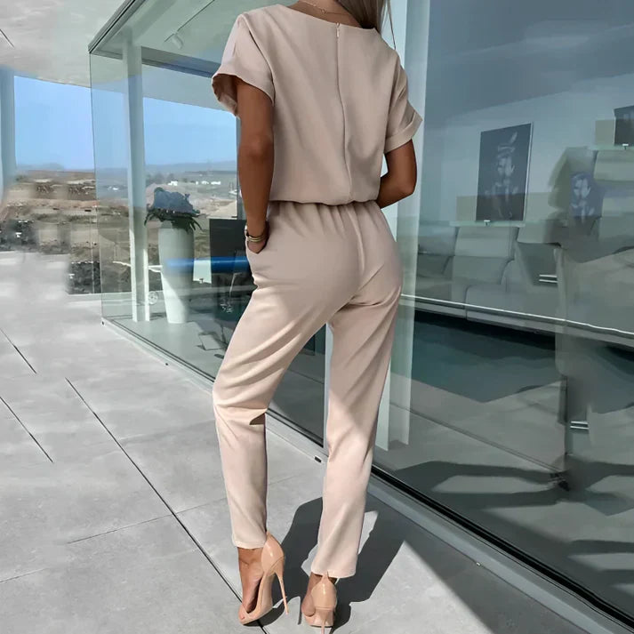 Elegante Dames Jumpsuit met Korte Mouwen en Tailleband