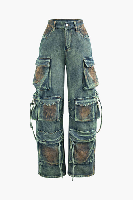 Vlekkige Multi Flap Pocket Straight Leg Cargo Jeans