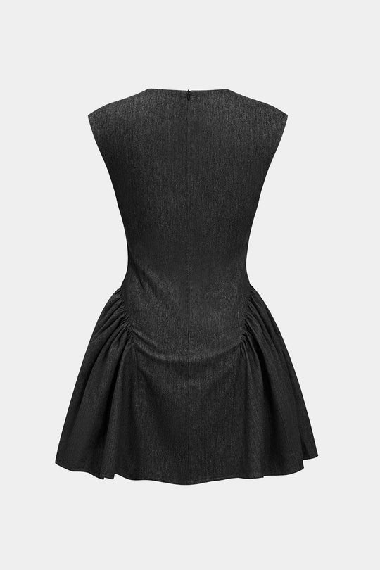 Effen Rimpel V-hals Denim Jurk
