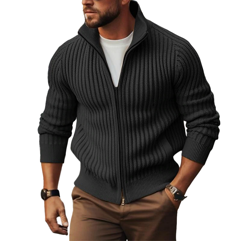 Heren Geribbelde Zip-Up Cardigan met Staande Kraag en Fitte Silhouet