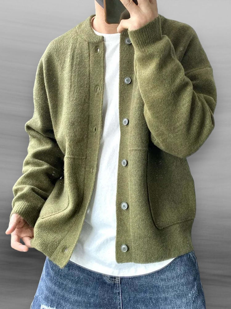 Heren Casual Knopen Cardigan met Bomberkraag en Zakjes