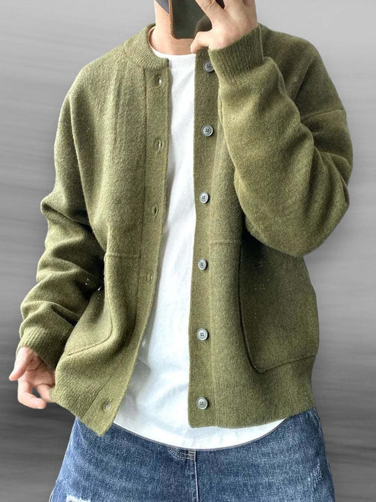 Heren Casual Knopen Cardigan met Bomberkraag en Zakjes
