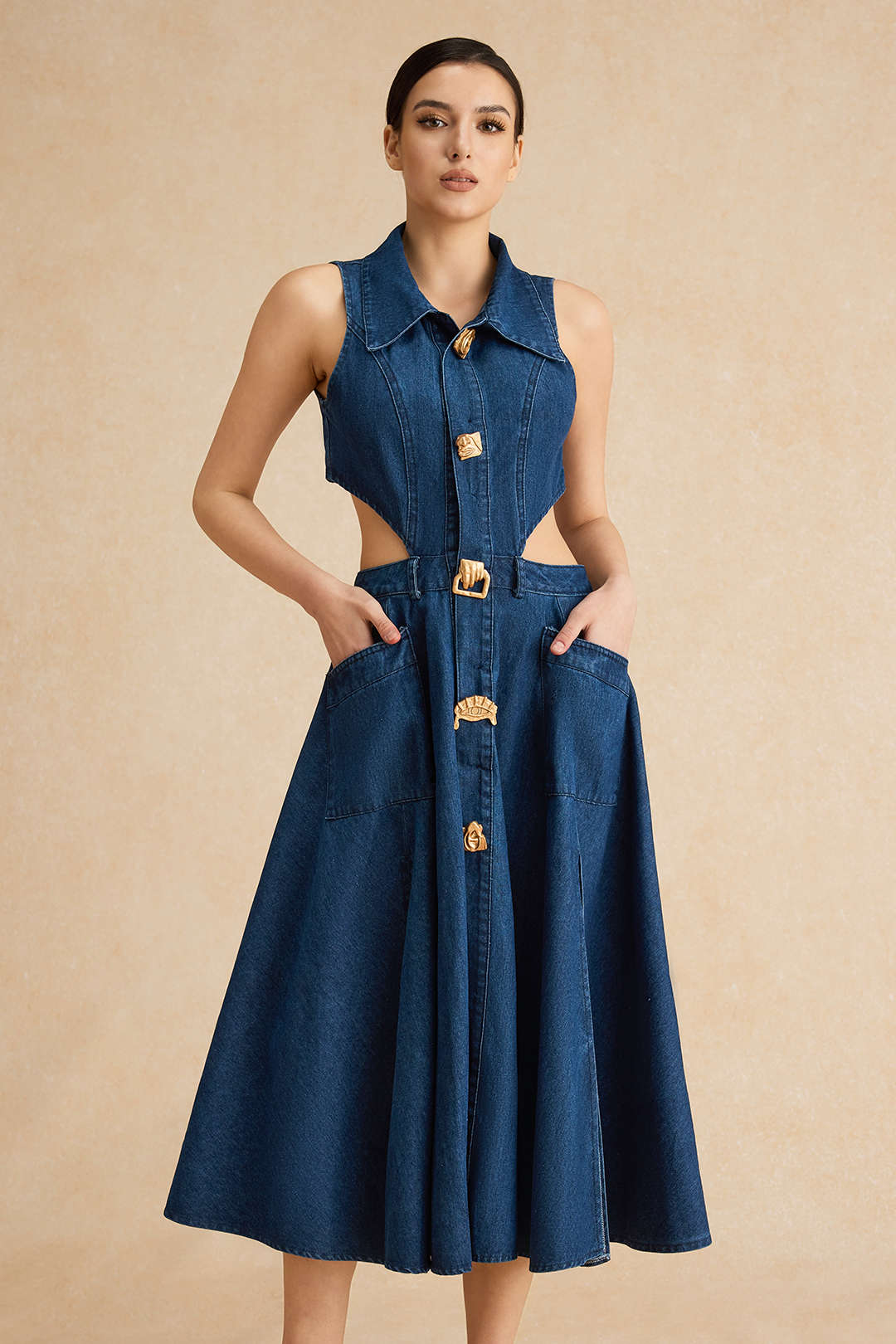 Denim Knopen Cut Out Jurk