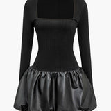 PU Patchwork Ruched Square Neck Mini Jurk