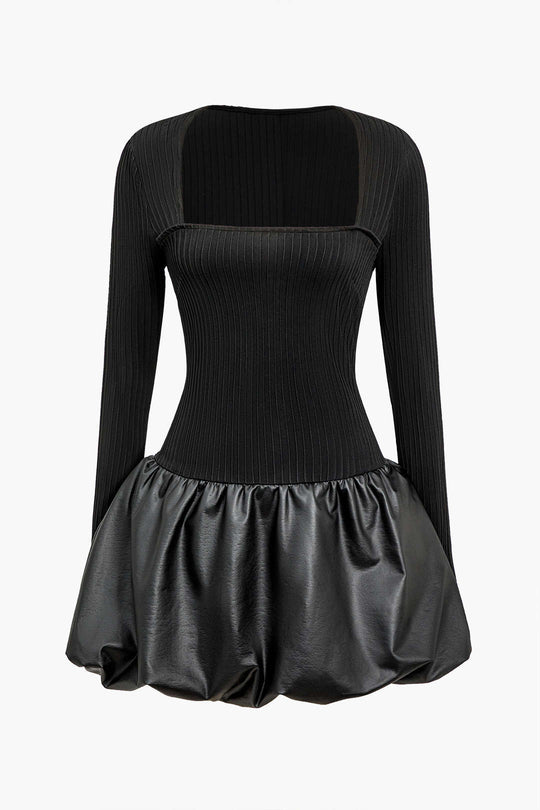 PU Patchwork Ruched Square Neck Mini Jurk