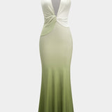 Satin Ombre Print V-Hals Rimpel Mouwloze Maxi Jurk