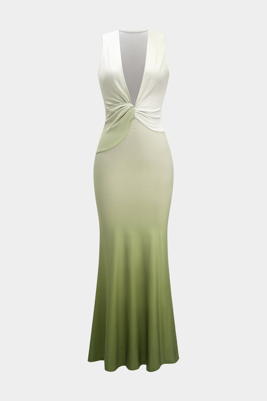 Satin Ombre Print V-Hals Rimpel Mouwloze Maxi Jurk