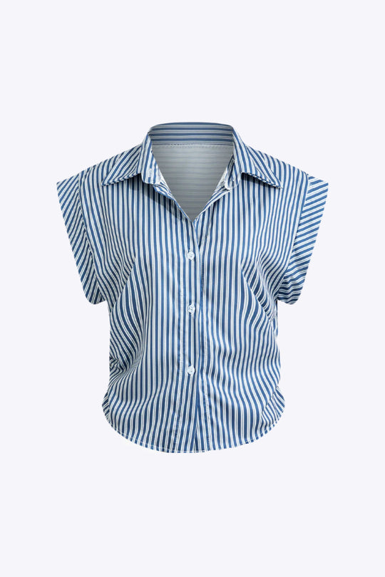 Tisiphone - Chic Gestreepte Print Dames Cap Sleeve Knop Shirt