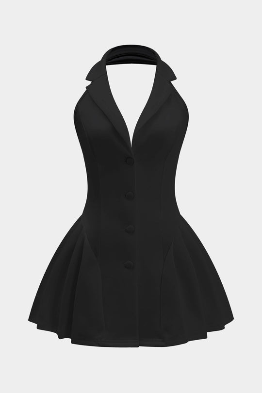 Halter Nek Knop Rimpel Mouwloze Mini Jurk