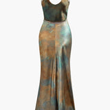 Tie Dye V-hals Satijnen Maxi Jurk