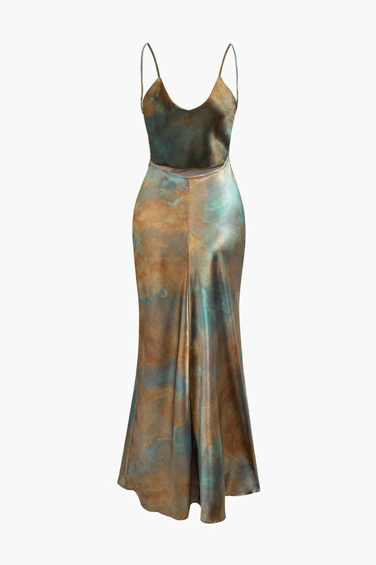 Tie Dye V-hals Satijnen Maxi Jurk