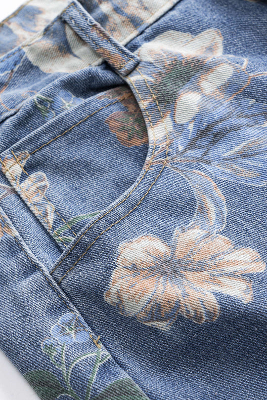 Retro Bloemenprint Denim Knopenzak Brede Pijpen Jeans
