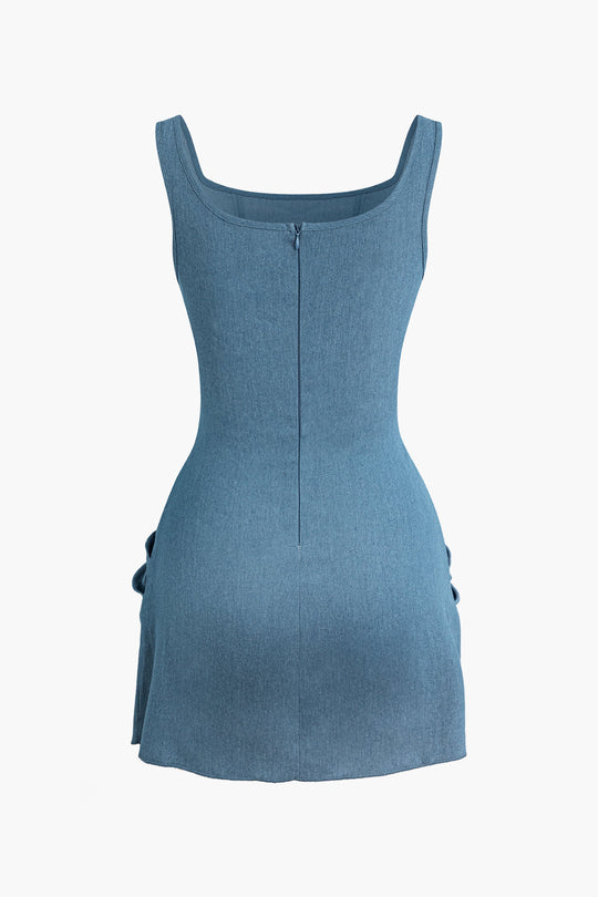 3D Bloem Rimpel Tank Denim Jurk – Verfijnde Pasvorm voor Elke Gelegenheid