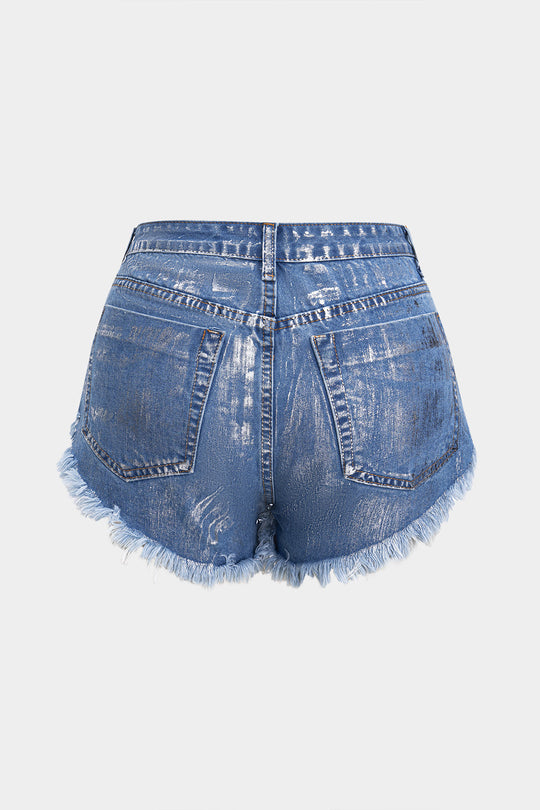 Denim Metallic Hoge Taille Studded Shorts