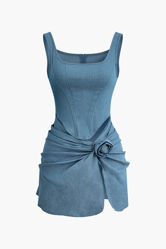 3D Bloem Rimpel Tank Denim Jurk – Verfijnde Pasvorm voor Elke Gelegenheid