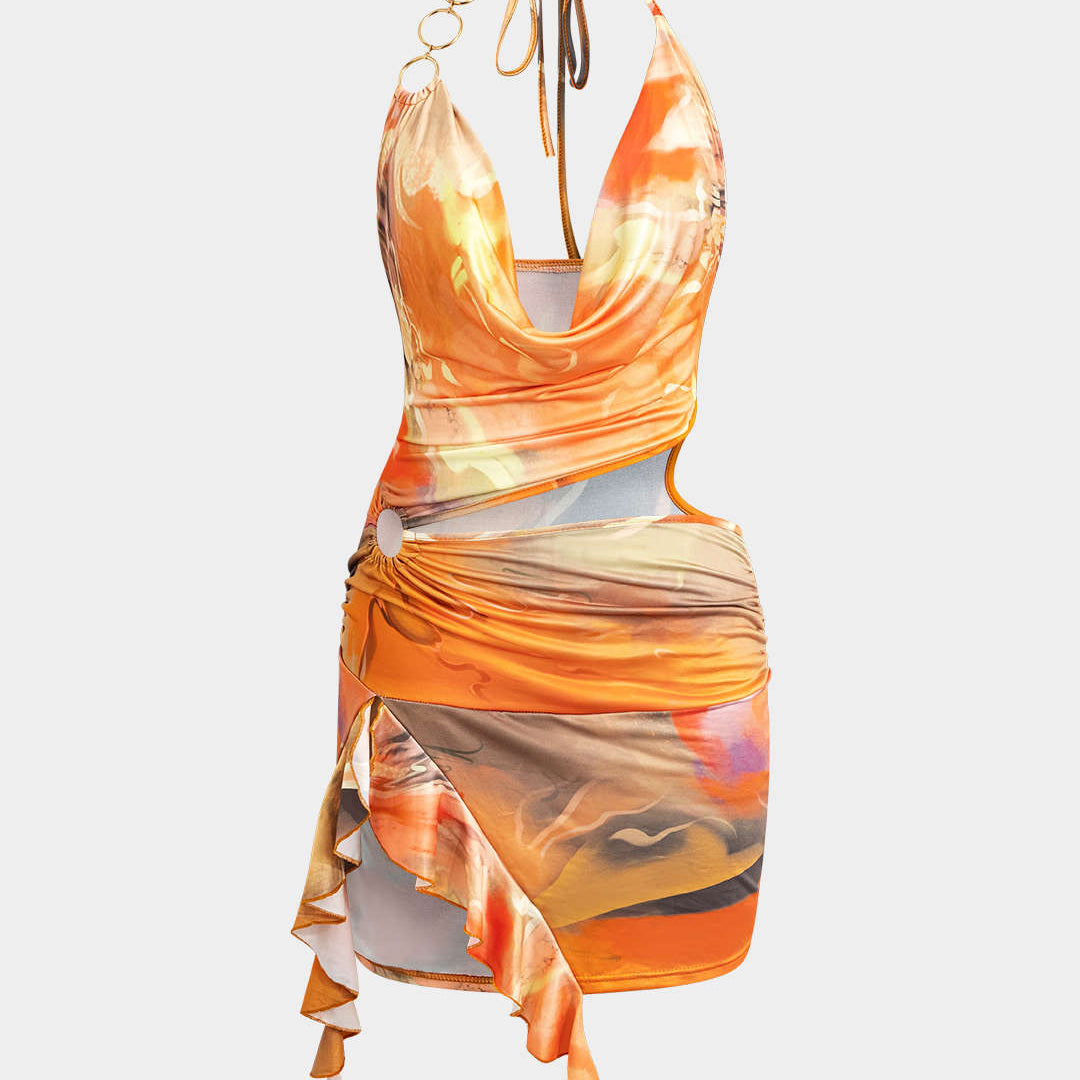 Abstracte Print Halter Cowl Neck Split Mini Jurk