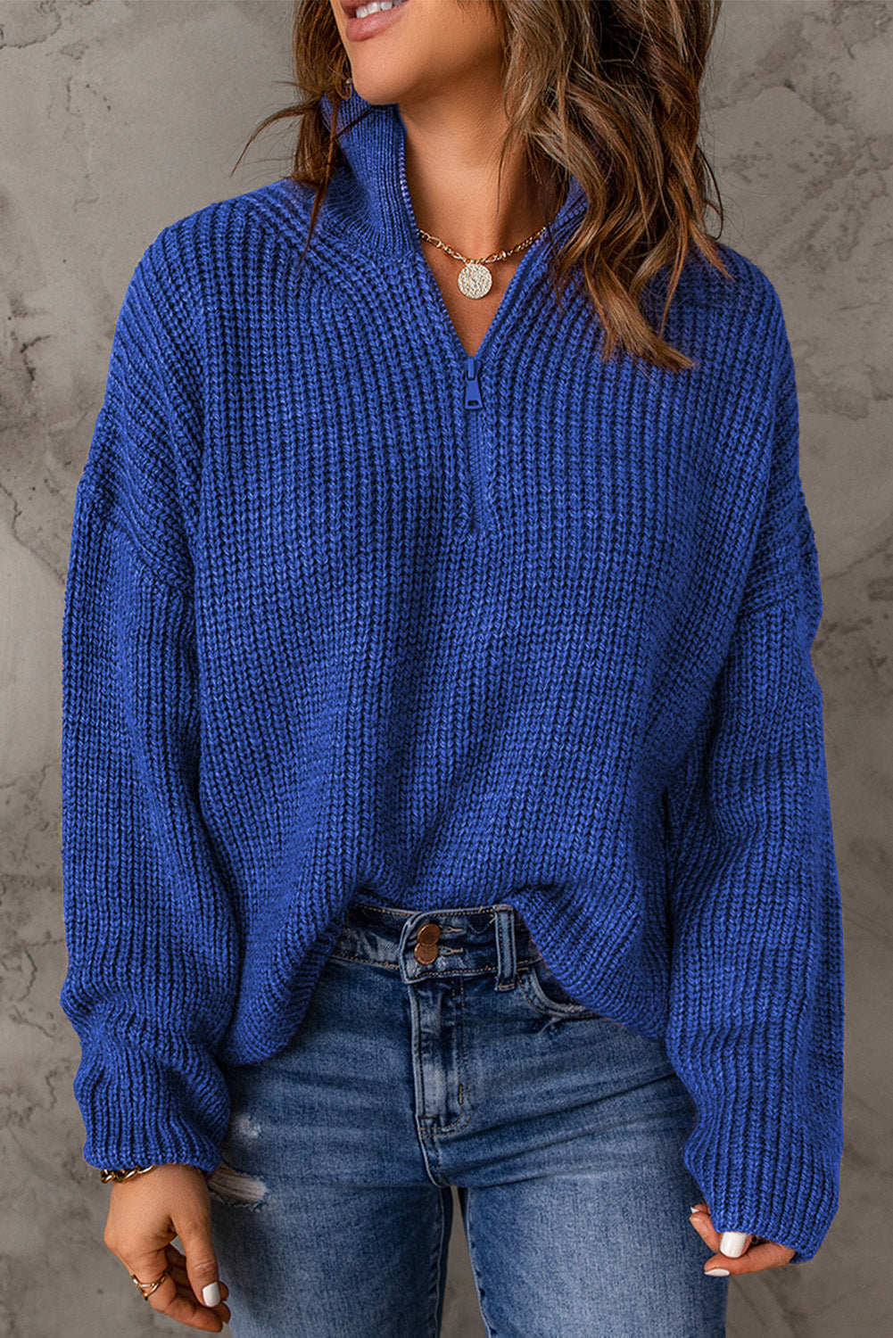 Dames Half Zip Rib-Knit Trui | Verlaagde Schouder | Hoge Hals