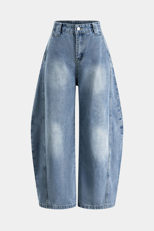 Denim Knop Pocket Curve-Leg Wide Leg Barrel Jeans