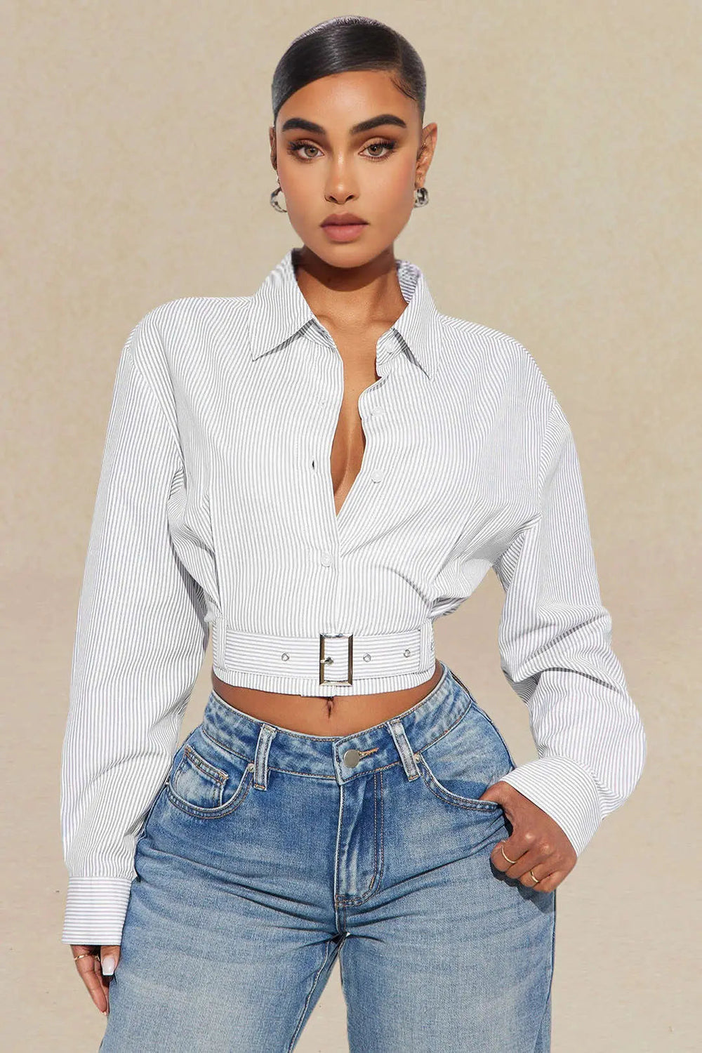 Enid - Stijlvolle Metallic Vrouwelijke Lange Mouwen Shirt met Ceintuur