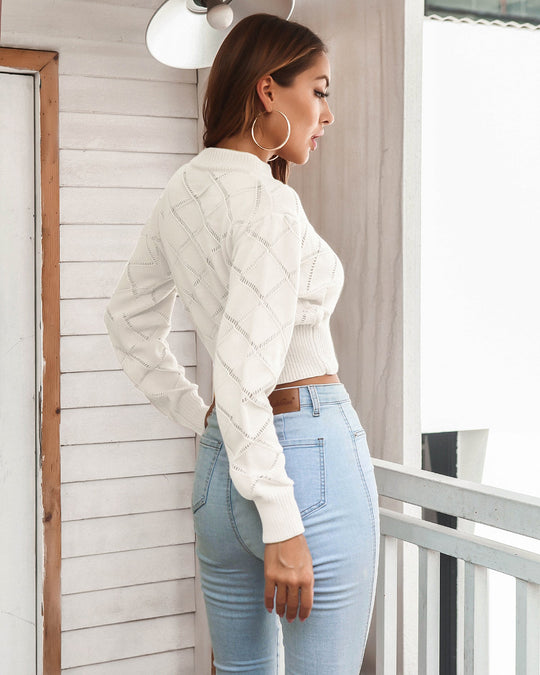 Opengewerkt Geribbelde Trim Lange Mouwen Korte Trui | Trendy & Comfortabel