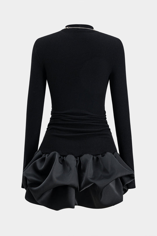 Kralenketting Rimpel Puff Zoom Lange Mouw Mini Jurk