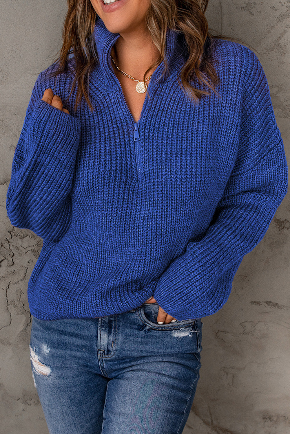 Dames Half Zip Rib-Knit Trui | Verlaagde Schouder | Hoge Hals