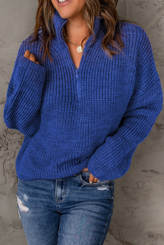 Dames Half Zip Rib-Knit Trui | Verlaagde Schouder | Hoge Hals
