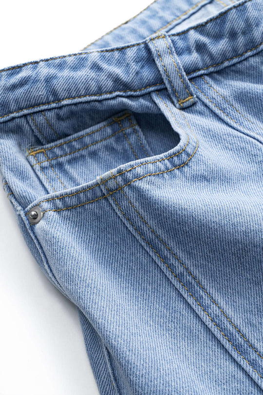 Denim Patchwork Knop Pocket Wijde Pijpen Barrel Broek