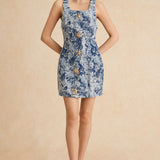 Bloemenpatroon Knop Denim Jurk