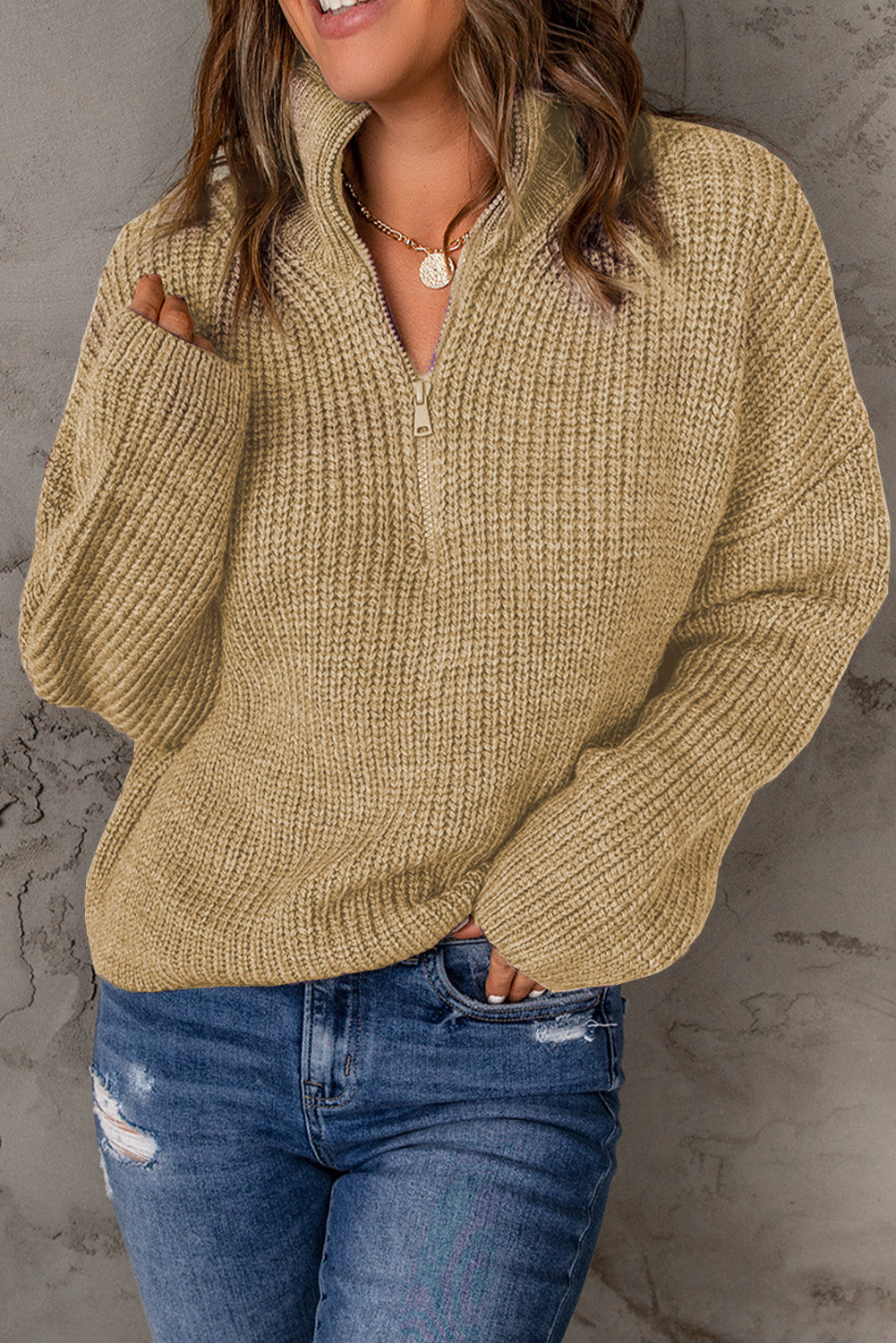 Dames Half Zip Rib-Knit Trui | Verlaagde Schouder | Hoge Hals