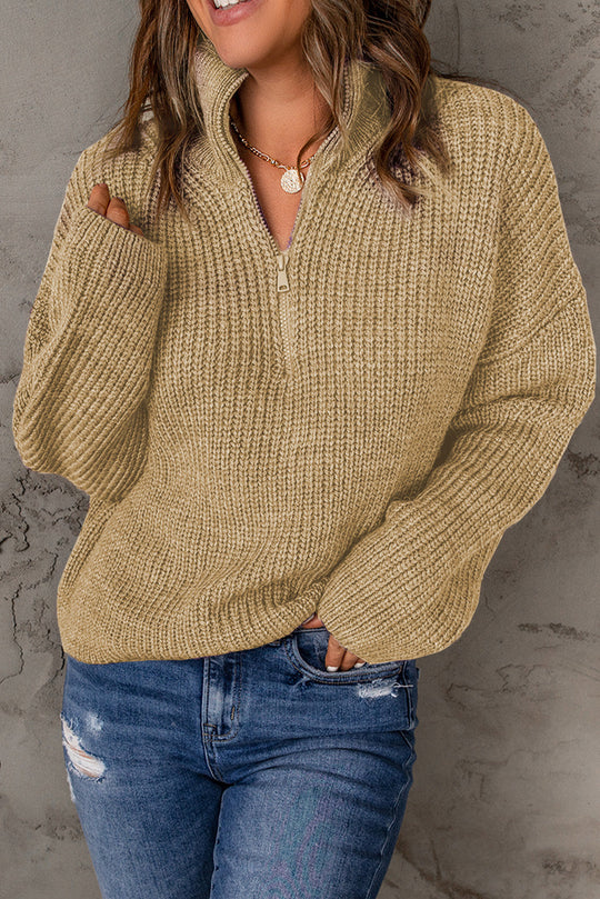 Dames Half Zip Rib-Knit Trui | Verlaagde Schouder | Hoge Hals
