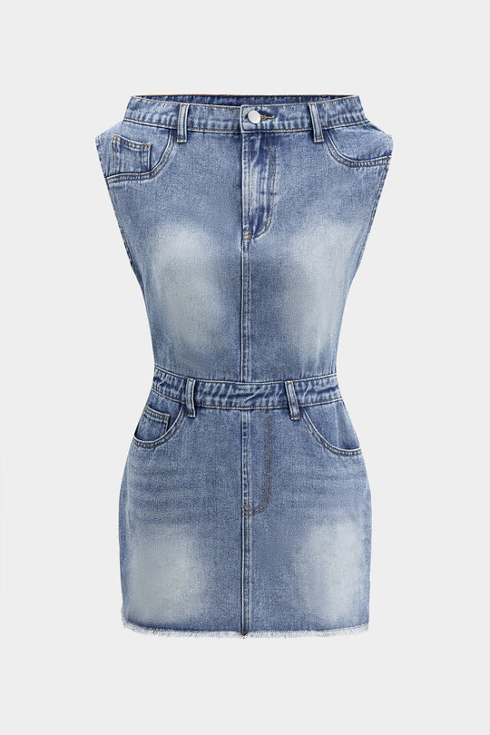 Denim Asymmetrische Halslijn Mini Jurk