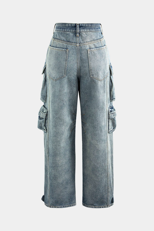 Multi Pocket Rolrand Wijde Pijpen Cargo Jeans
