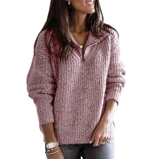 Dames Half Zip Trui met Textuurgebreide Staande Kraag Relaxed Fit