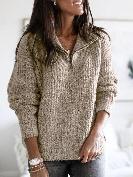 Dames Half Zip Trui met Textuurgebreide Staande Kraag Relaxed Fit