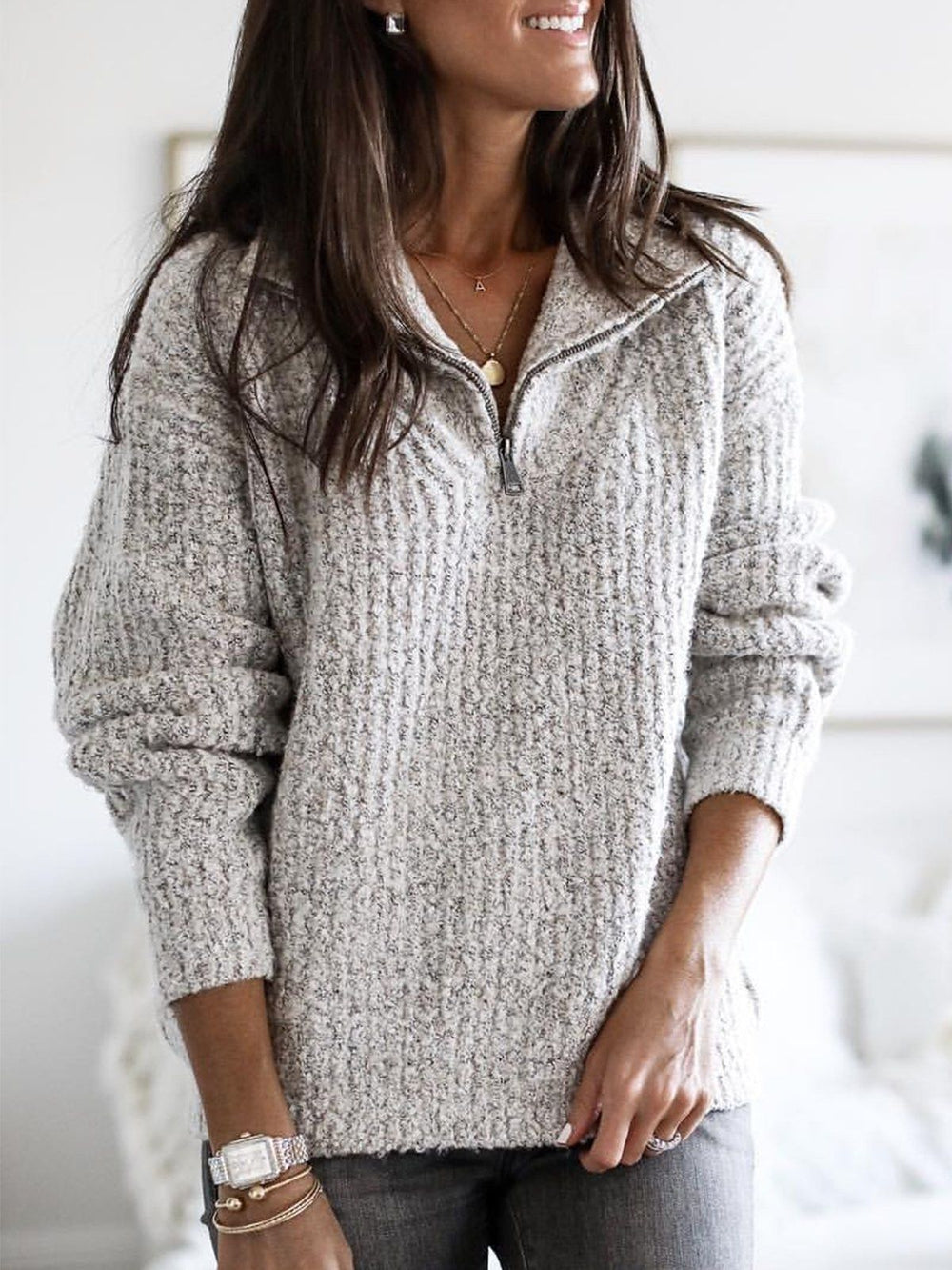 Dames Half Zip Trui met Textuurgebreide Staande Kraag Relaxed Fit