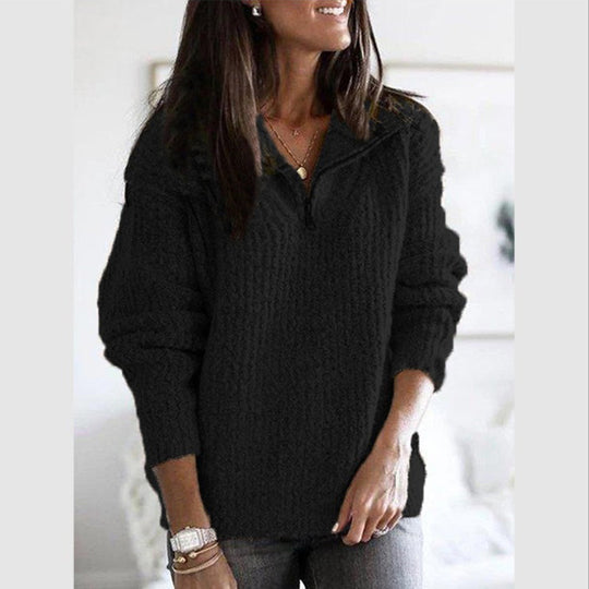 Dames Half Zip Trui met Textuurgebreide Staande Kraag Relaxed Fit