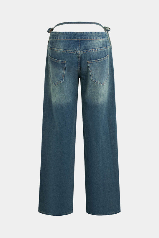 Denim Cut Out Gewassen Tie-Up Jeans