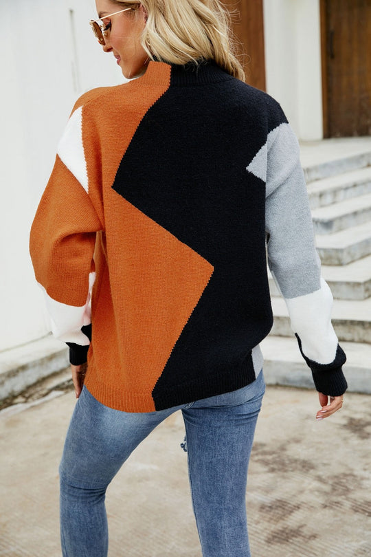 Dames Trui | Kleurblok Design met Mock Neck | Geribbelde Afwerking en Verlaagde Schouders