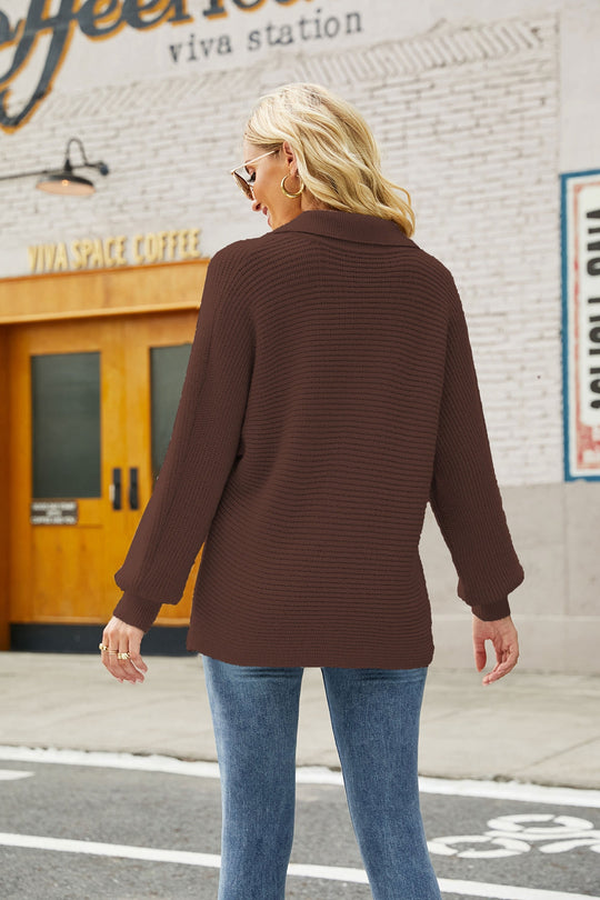 Horizontale Ribbel Johnny Kraag Trui | Lantaarnmouwen | Regular Fit